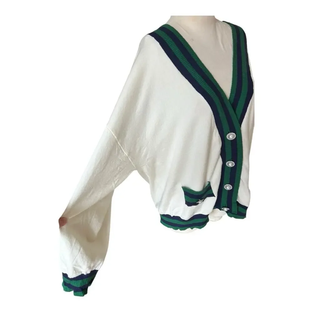 Alexia Admor Frances oversized cream striped cardigan Preppy Academia XL… - Picture 4 of 11